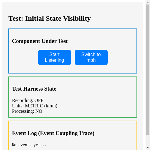 shows test harness with 3-section layout: blue component, green harness state, yellow event log