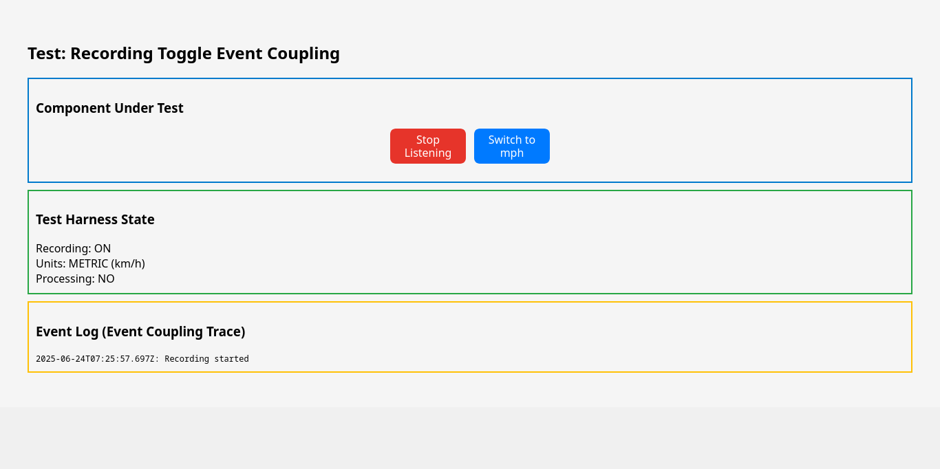 Shows the component state change from "Start Listening" to "Stop Listening" with corresponding harness state updates and event logging